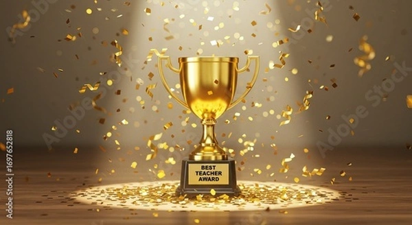 Fototapeta Golden trophy celebrating Best Teacher Award with confetti, perfect for honoring educators and recognizing achievements, ideal for school events