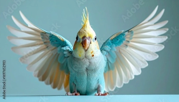 Fototapeta A tiny blue, turquoise, and teal cockatiel, cheerful and playful, spreading its wings