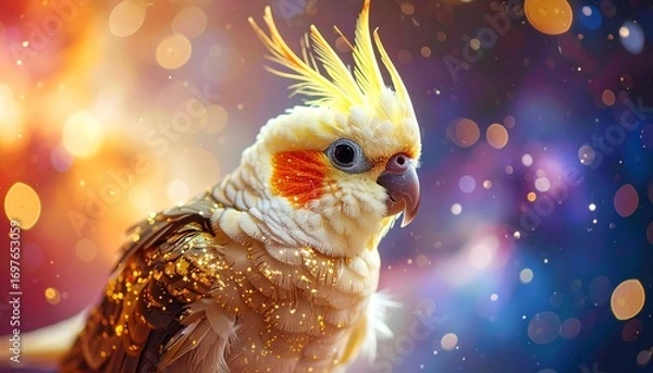 Fototapeta A tiny galaxy-inspired cockatiel with golden and starry feathers, magical and happy