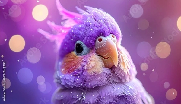 Fototapeta A tiny galaxy-inspired cockatiel with purple and starry feathers, magical and happy