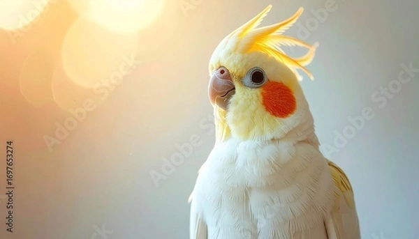 Fototapeta A tiny golden and white cockatiel, elegant and shiny, smiling gently, soft light back 