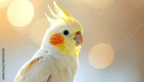 Fototapeta A tiny golden and white cockatiel, elegant and shiny, smiling gently, soft light back 