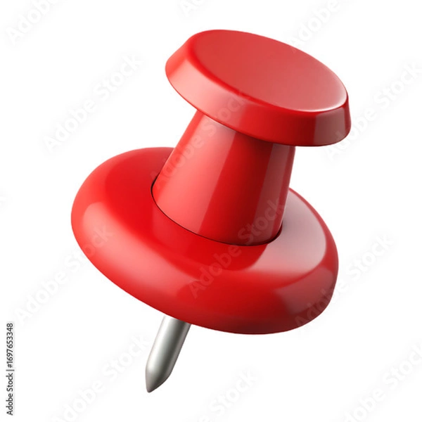 Fototapeta A single red thumbtack with a sharp metal pin isolated on transparent background