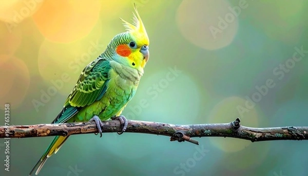 Fototapeta A tiny green, lime, and emerald cockatiel, curious and energetic, perched on a small