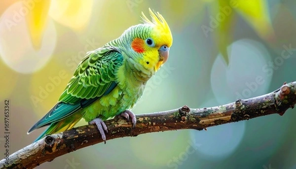 Fototapeta A tiny green, lime, and emerald cockatiel, curious and energetic, perched on a small