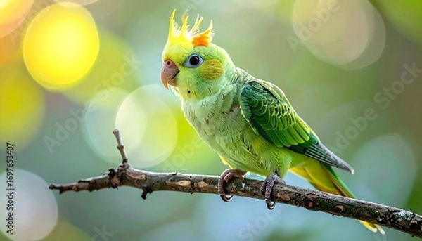 Fototapeta A tiny green, lime, and emerald cockatiel, curious and energetic, perched on a small