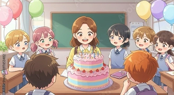 Fototapeta Joyful teacher celebrating a special day with students around a colorful birthday cake in a bright classroom setting with balloons and a chalkboard
