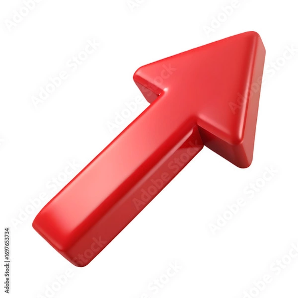 Fototapeta A glossy red arrow pointing upwards and to the right isolated on transparent background