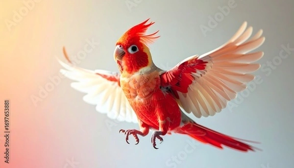Fototapeta A tiny red, crimson, and ruby cockatiel, joyful and lively, dancing in the air
