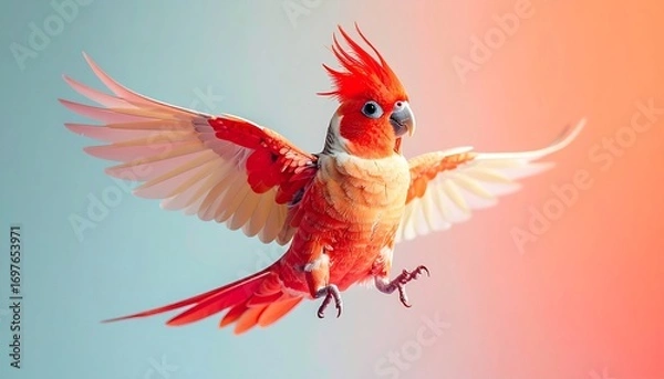 Fototapeta A tiny red, crimson, and ruby cockatiel, joyful and lively, dancing in the air