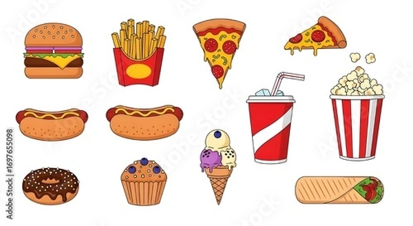 Fototapeta A set of popular fast food items arranged neatly on a white background. Includes a cheeseburger, french fries, pizza slice, hot dog, soda cup, popcorn bucket, donut, muffin, ice cream cone, and shawar