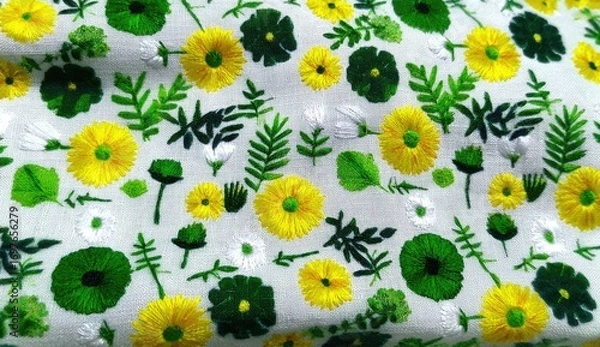 Obraz Floral embroidered fabric with yellow, white, and green flowers