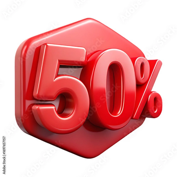 Fototapeta Glossy red 3d fifty percent discount icon with hexagonal shape isolated on transparent background