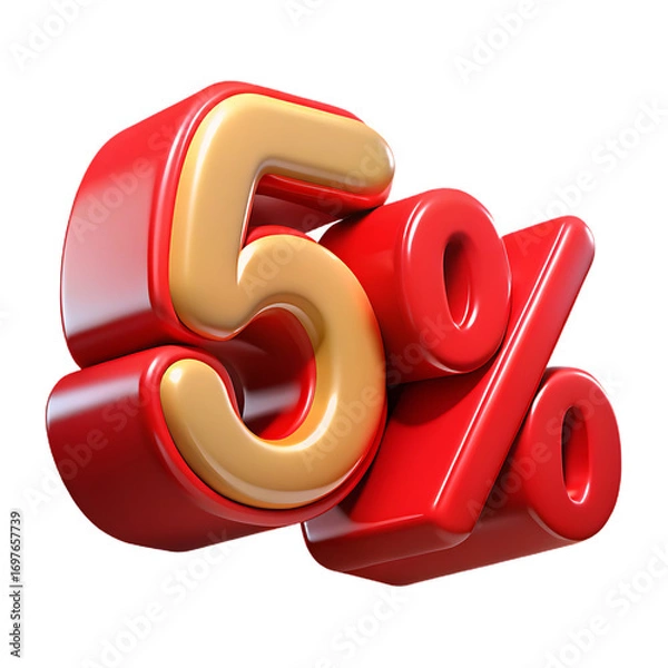 Fototapeta Shiny red and gold 5 percent symbol isolated on transparent background