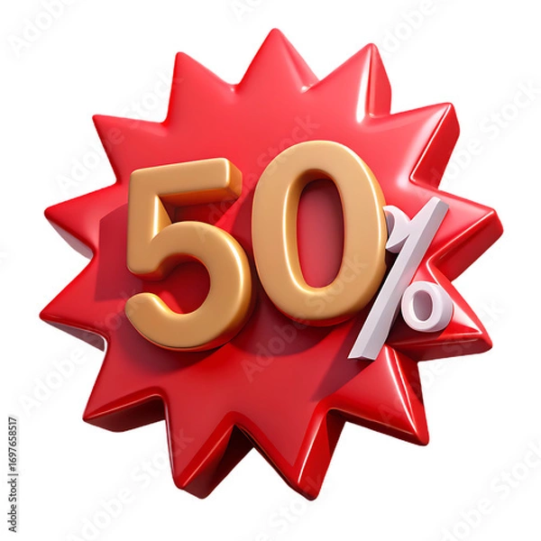 Fototapeta Bright red starburst with golden 50 percent discount symbol isolated on transparent background