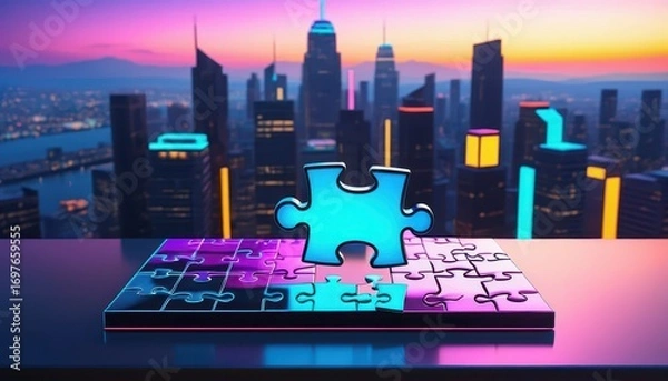 Fototapeta Vibrant City Skyline Sunset View with Silhouetted Skyscrapers Bright Lights and Puzzle Piece in the Foreground Reflecting Modern Urban Architecture