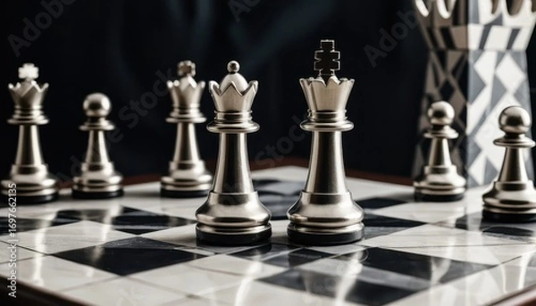 Fototapeta Close-up of polished metal chess kings and pawns on a black and white checkered chessboard with a blurred background, showcasing strategic gameplay and competitive spirit