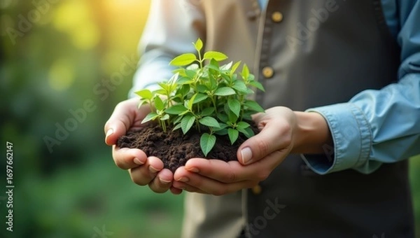 Fototapeta A person holds a small grouping of seedlings in their hands, nurturing new life amidst a natural outdoor setting.