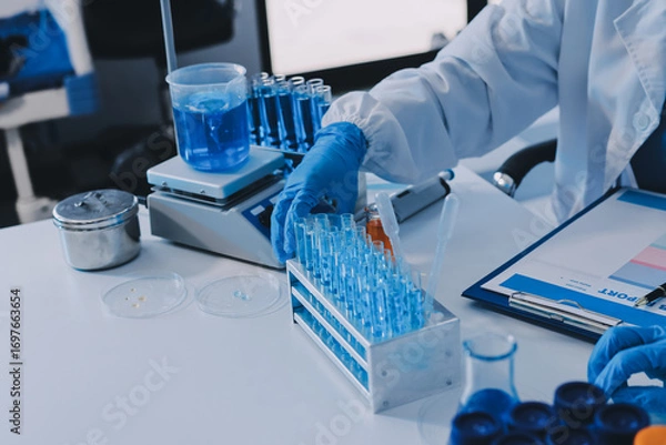 Fototapeta Collaboration, tablet or science with people in lab together for research or development. Innovation, tech and microscope with scientist team in clinical trial for planning or medical investigation