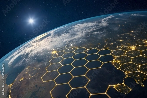 Fototapeta Cinematic Space View: Glowing Hexagonal Earth Grid with Sunlit Horizon and Atmospheric Band