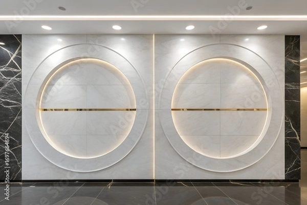 Fototapeta Minimalist Interior Design: Symmetrical White Wall with Circular Indentations and Marble Accents