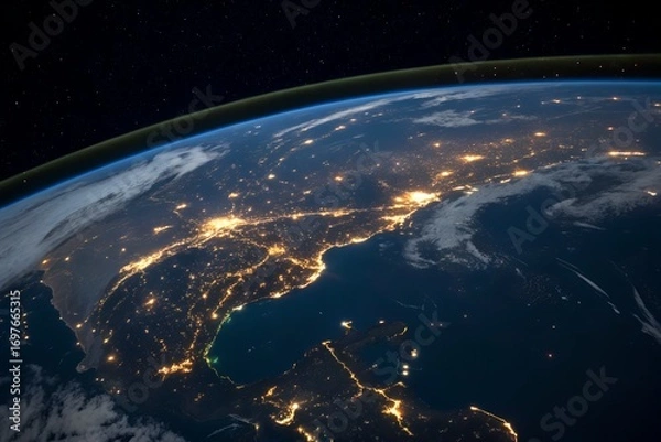 Fototapeta Nighttime Earth from Space: Curved Horizon, City Lights, and Pacific Ocean in High-Altitude View