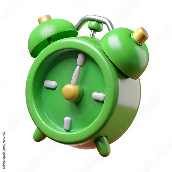 Fototapeta Cute cartoon green alarm clock with bells isolated on transparent background