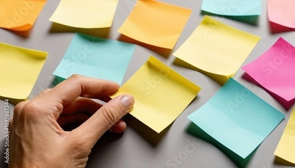 Fototapeta Close-up of a hand arranging colorful sticky notes on a gray surface, with various pastel-colored pages for reminders, notes, organization, and brainstorming