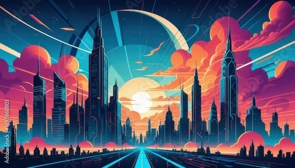 Fototapeta Vibrant futuristic cityscape skyline du sunset with towe skyscrapers and colorful sky with clouds and abstract rays inspi modern urban environment