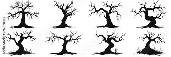 Fototapeta Set of eight black and white twisted bare haunted trees with eerie branches and minimalist flat vector style Halloween spooky designs for fall season decorations and horror themes