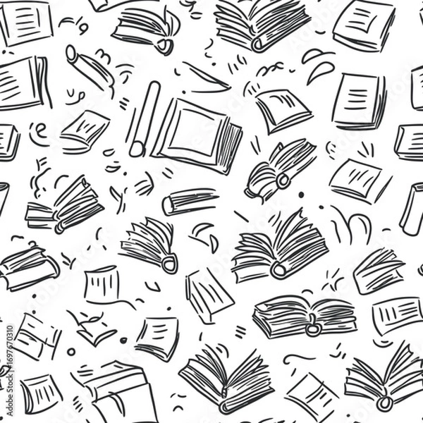 Fototapeta Seamless hand drawn pattern of open and closed book doodles with pages flipping in sketch style simple black and white reading design background texture
