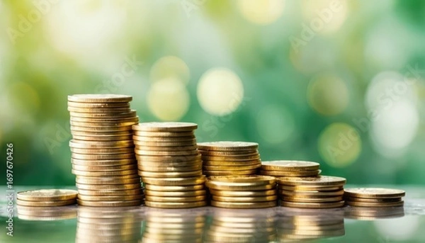 Fototapeta Stack of gold coins increasing in height against blurred green nature background representing financial growth, savings, investment, wealth accumulation and prosperity