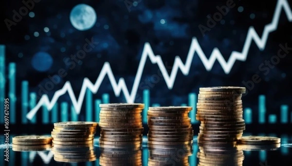 Fototapeta Financial growth and investment concept featu stacked coins increasing against a dark night sky with a rising line graph and moon in the background
