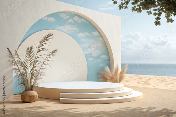 Fototapeta Archway display with ocean backdrop and tropical plant