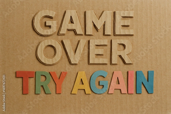 Obraz Papercut "GAME OVER" and "TRY AGAIN" Text Horizontal Video Game Illustration