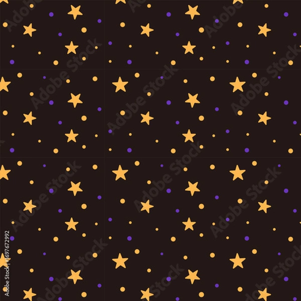 Obraz Seamless Halloween star pattern with orange and purple stars and dots on a black background. Perfect for wrapping paper, backgrounds, fabric, party invitations, posters, and seasonal graphic design.