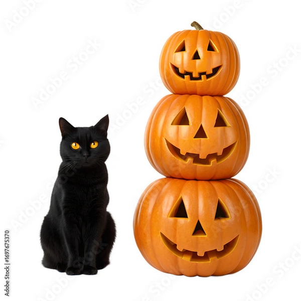 Fototapeta Spooky black cat sits next to a tall stack of carved jack o lantern pumpkins isolated on transparent background