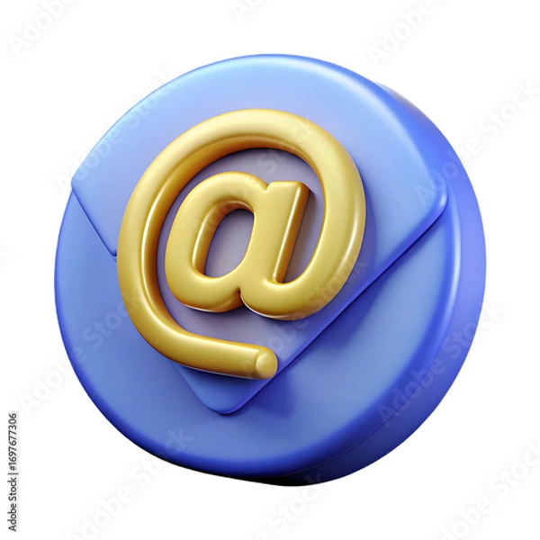 Fototapeta 3d rendered golden at symbol on a blue envelope isolated on transparent background