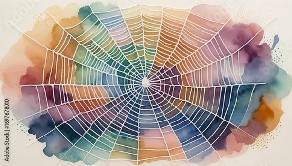 Fototapeta Colorful watercolor background featu a detailed white spider web illustration with vibrant splashes of watercolor paint for creative design projects