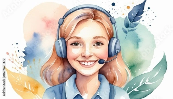 Fototapeta Bright cheerful young woman customer service representative wea headset smiling and looking friendly in colorful artistic background with leaves and paint splashes
