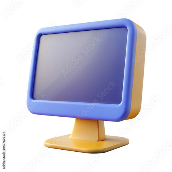 Fototapeta Retro computer monitor with a blue frame and yellow stand isolated on transparent background