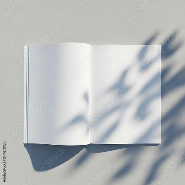 Fototapeta Open blank book with leaf shadows on a light background