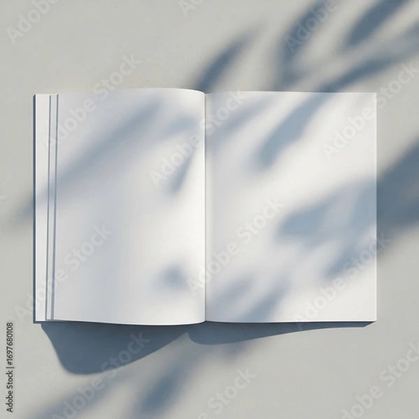 Fototapeta Open blank magazine book mockup with leaf shadows on a light background