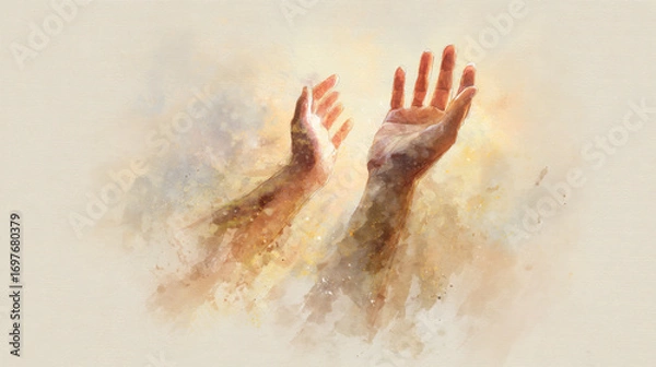 Fototapeta Watercolor Depiction of Hands Raised in Prayer with Spiritual Devotion and Divine Connection