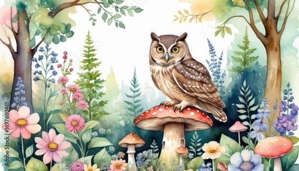 Fototapeta Vibrant watercolor illustration of an owl perched on a mushroom in a lush forest with colorful flowers and tall trees under a bright sky