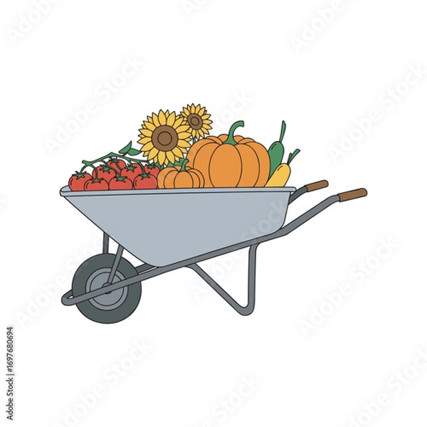 Obraz Colorful harvest in wheelbarrow featuring pumpkins, sunflowers, tomatoes, and squash – stock vector flat illustration