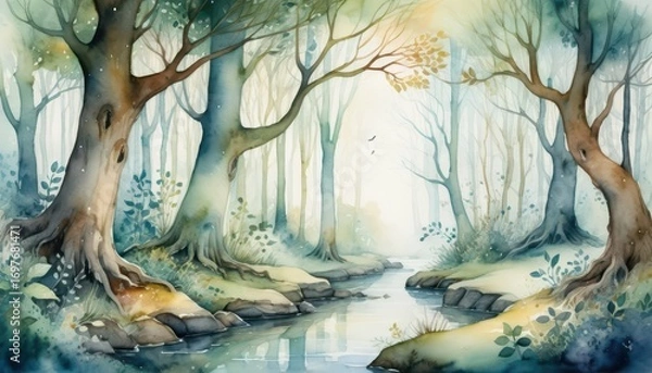 Fototapeta Serene watercolor forest landscape with tall trees gentle water stream lush greenery and soft morning light creating a peaceful natural scene