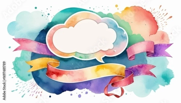 Fototapeta Colorful watercolor splash background with multiple ribbons and cloud shape for creative designs and artistic projects