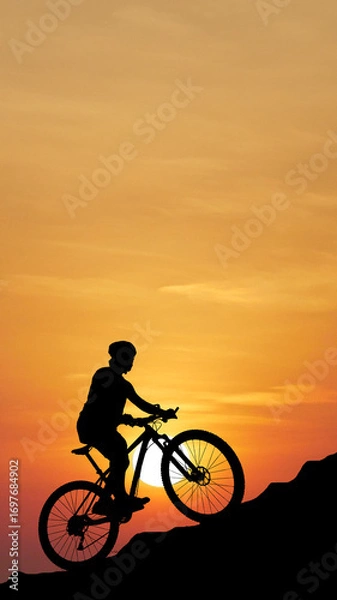 Fototapeta Silhouette cyclist conquer sunrise: A silhouetted cyclist conquers a steep incline against the fiery canvas of the setting sun.
