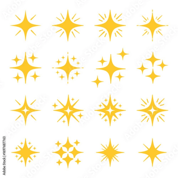 Fototapeta Golden Flat Star Vector Set on White Background with Decorative Twinkle Shapes, Shining Sparkle Icons, Party Celebration Elements, Festive Symbol Pack for Graphic Design Projects